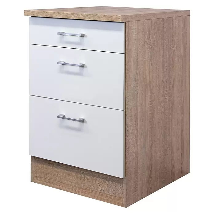 Flex-Well Samoa Küchen-Unterschrank Auszug - B x T x H: 60 x 60 x 85 cm, Weiß - Dreischubladenkommode mit weißen Fronten und heller Holzoptik.