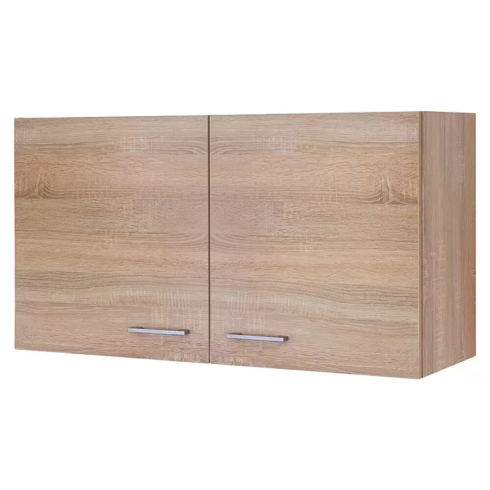 Flex-Well Samoa Singleküche - Breite: 210 cm, Weiß/Braun, Mit 2-Zonen-Glaskeramikkochfeld - Hängeschrank aus hellem Holz mit zwei Türen und silbernen Griffen.