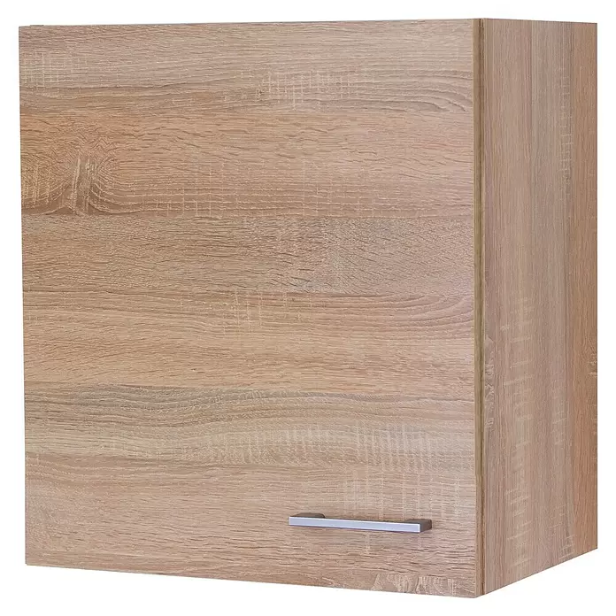 Flex-Well Samoa Singleküche - Breite: 210 cm, Weiß/Braun, Mit 2-Zonen-Glaskeramikkochfeld - Heller Wandschrank in Holzoptik mit silbernem Griff.