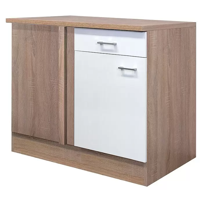 Flex-Well Samoa Eck-Unterschrank Samoa - B x T x H: 110 x 60 x 85 cm, Weiß - Kleiner hellbrauner Schrank mit einem weißen oberen Schubfach und einer weißen Tür, beide mit Metallgriffen.