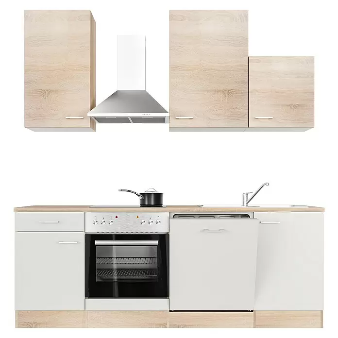 Flex-Well Samoa Küchenzeile Typ 1 - Breite: 220 cm, Höhe: 234 cm, Weiß/Braun, Mit Elektrogeräten - Moderne Küchenzeile: helle Holzschränke, Arbeitsplatte, weiße Unterschränke, integrierter Ofen, Kochfeld, Spülmaschine, Spüle.