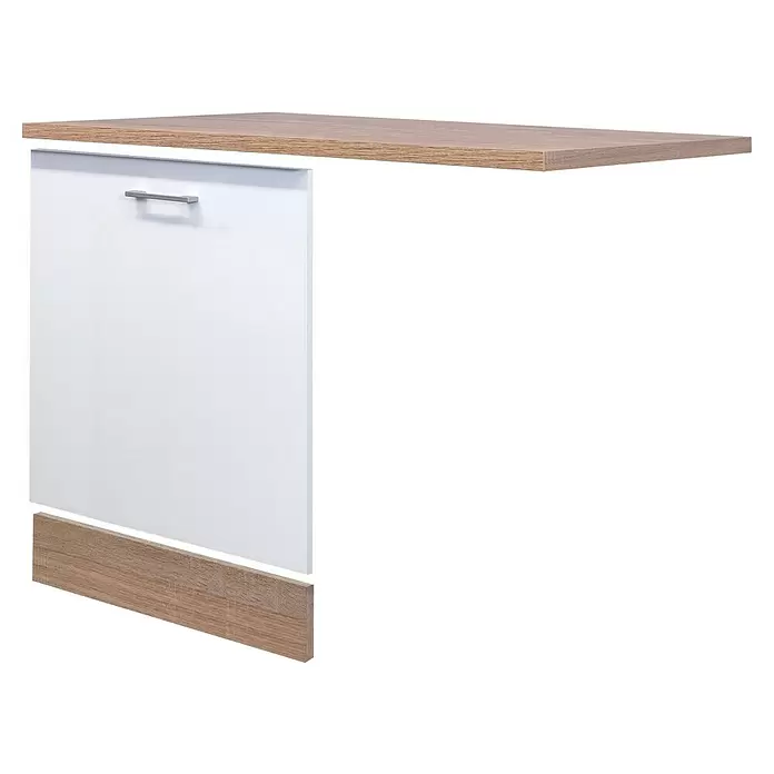 Flex-Well Samoa Geschirrspülerfront Samoa - B x T x H: 110 x 60 x 85 cm, Weiß - Teilweiser weißer Schrankmodul mit heller Holzoptik oben und unten und silbernem Griff.
