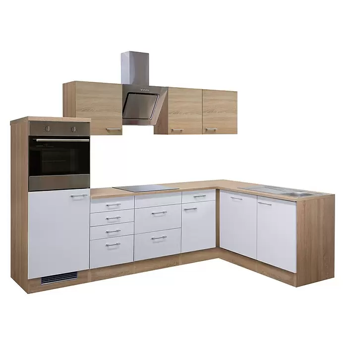 Flex-Well Samoa Winkelküche - L x B: 170 x 280 cm, Weiß/Braun, Mit Elektrogeräten - Moderne L-förmige Küchenzeile mit hellen Holz- und weißen Schränken, Edelstahl-Backofen, Kochfeld, Spüle und Dunstabzugshaube.