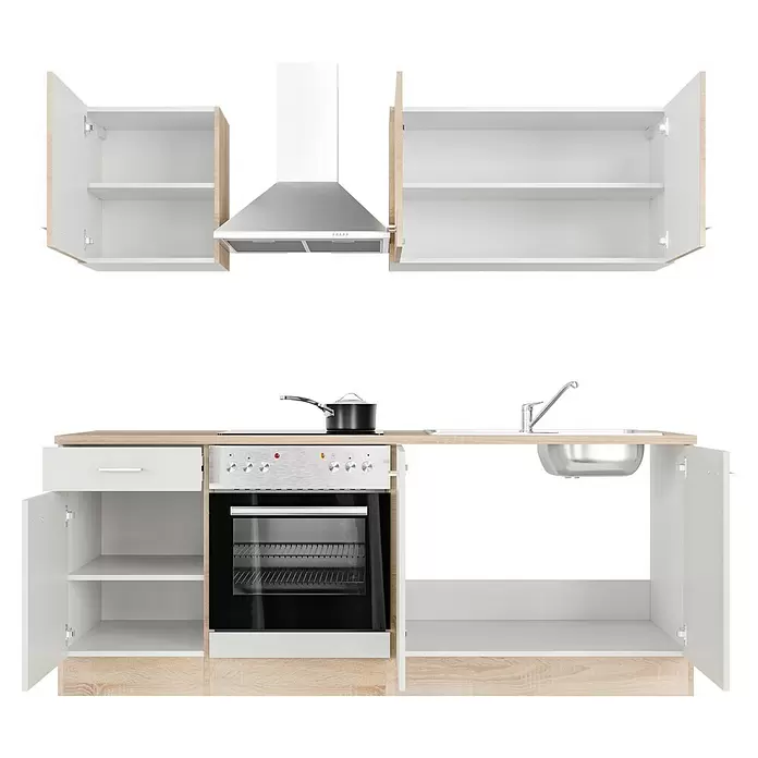 Flex-Well Samoa Singleküche - Breite: 210 cm, Weiß/Braun, Mit Elektrogeräten - Moderne Modulküche in heller Holzoptik und Weiß, offene Schränke, integrierter Backofen, Kochfeld, Spüle und Edelstahl-Dunstabzugshaube.