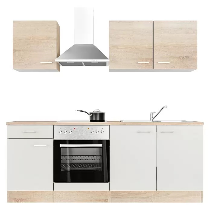 Flex-Well Samoa Singleküche - Breite: 210 cm, Weiß/Braun, Mit Elektrogeräten - Helle Holz- und weiße Küchenzeile mit Backofen, Kochfeld, Spüle, Dunstabzugshaube und Schränken.