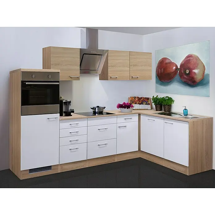 Flex-Well Samoa Winkelküche - L x B: 170 x 280 cm, Weiß/Braun, Mit Elektrogeräten - Küchenansicht mit weißen Unterschränken und Holzoptik-Oberschränken, inklusive Ofen und Dunstabzugshaube für modernes Küchendesign.