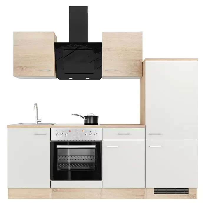 Flex-Well Samoa Küchenzeile - Breite: 220 cm, Höhe: 200 cm, Weiß/Braun, Mit Elektrogeräten - Kompakte moderne Küchenzeile mit hellen Holz- und weißen Schränken, ausgestattet mit schwarzer Dunstabzugshaube, Herd und Spüle.