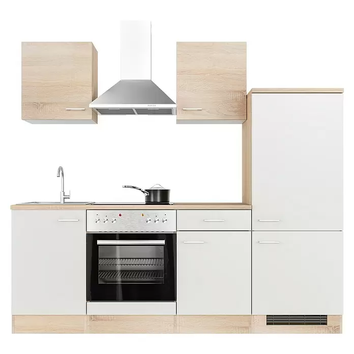 Flex-Well Samoa Küchenzeile Typ 1 - Breite: 220 cm, Höhe: 200 cm, Weiß/Braun, Mit Elektrogeräten - Moderne Modulküche mit hellen Holz- und weißen Schränken, Backofen, Spüle, Dunstabzugshaube.