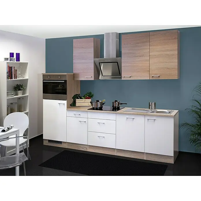 Flex-Well Samoa Küchenzeile - Breite: 280 cm, Höhe: 234 cm, Weiß/Braun, Mit Elektrogeräten - Moderne Küche mit weißen Unterschränken, Holz-Arbeitsplatte, Hängeschränken und Edelstahl-Dunstabzugshaube für stilvolles Küchendesign.