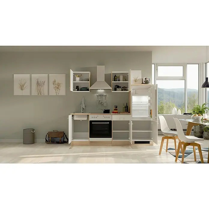 Flex-Well Samoa Küchenzeile Typ 1 - Breite: 220 cm, Höhe: 200 cm, Weiß/Braun, Mit Elektrogeräten - Ein helles Küchendesign mit weißen Schränken und Geräten. Das offene Design zeigt die Innenausstattung und die Anordnung der Geräte.