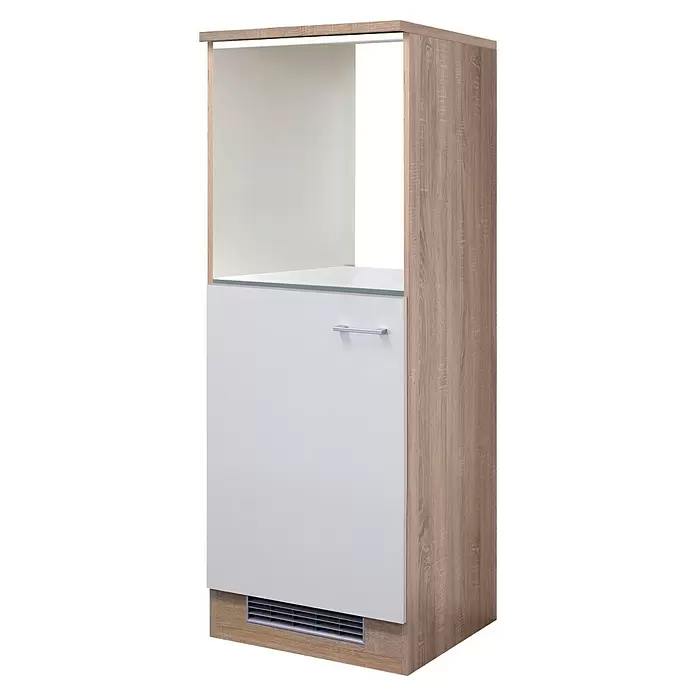 Flex-Well Samoa Demi-Geräteumbauschrank Samoa - B x T x H: 60 x 57 x 168,5 cm, Weiß - Hoher Schrank in Holzoptik mit weißer Tür, offenem Fach und Lüftungsgitter, ideal für Einbaugeräte.