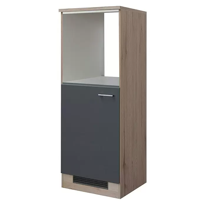 Flex-Well Tiago Demi-Geräteumbauschrank - B x T x H: 60 x 57 x 168,5 cm, Basaltgrau matt - Zwei-farbiger Geräte-Unterschrank in Holzoptik und Dunkelgrau mit offenem Fach, silbernem Griff und Lüftungsgitter.