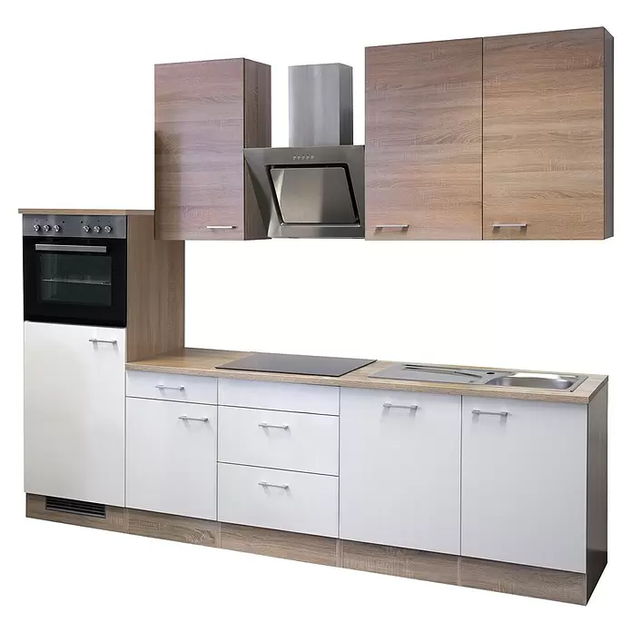 Flex-Well Samoa Küchenzeile - Breite: 280 cm, Höhe: 234 cm, Weiß/Braun, Mit Elektrogeräten - Moderne Küchenzeile mit hellen Holzmaserung-Oberschränken und weißen Unterschränken, inklusive Backofen, Kochfeld, Spüle und Dunstabzugshaube.