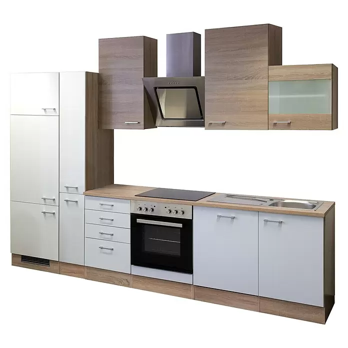 Flex-Well Samoa Küchenzeile - Breite: 310 cm, Höhe: 234 cm, Weiß/Braun, Mit Elektrogeräten - Moderne Modulküche mit weißen und Eicheneffekt-Schränken, heller Holz-Arbeitsplatte, Kochfeld, Backofen, Spüle und Dunstabzugshaube aus Edelstahl.