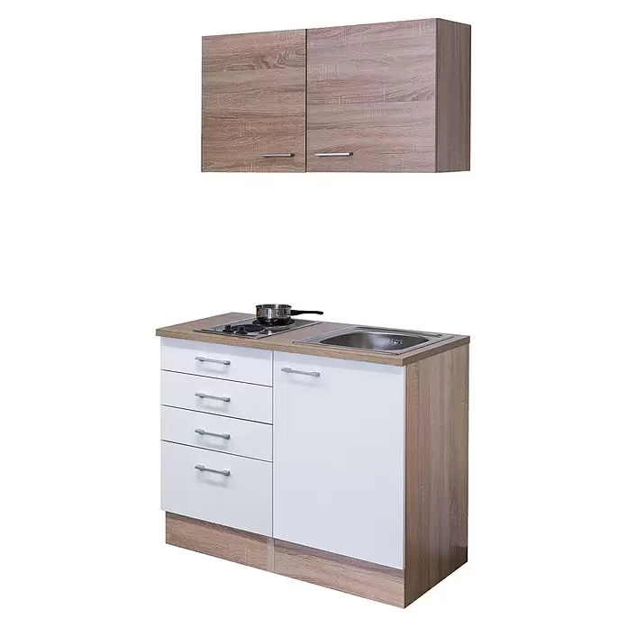 Flex-Well Samoa Miniküche - Breite: 100 cm, Weiß/Braun, Mit Elektrogeräten - Kompakte Küchenzeile mit hellen Holzoptik- und weißen Schränken, Kochfeld, Spüle und Schubladen.