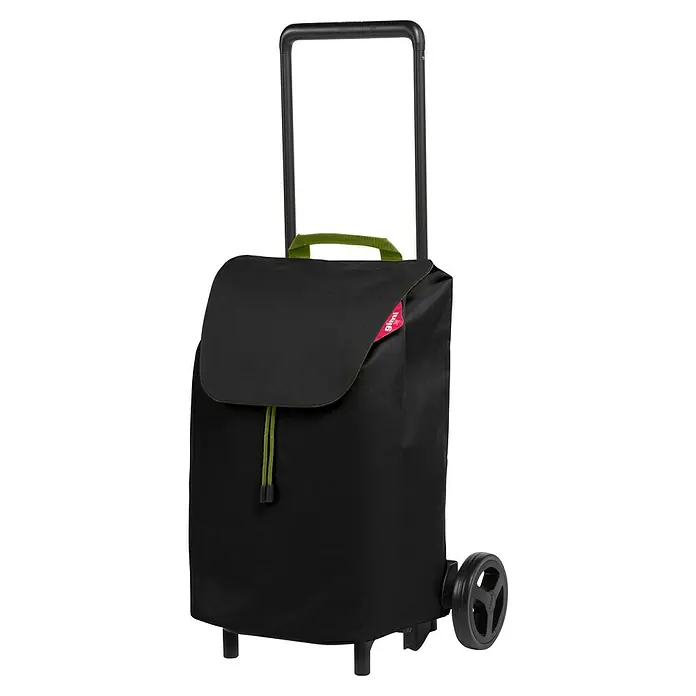Gimi Einkaufstrolley Easy - Traglast: 30 kg, Schwarz - Schwarzer Einkaufstrolley mit grünem Griff und Kordelzug, ideal für den Transport von Einkäufen. Praktisch und stilvoll für den Alltag.