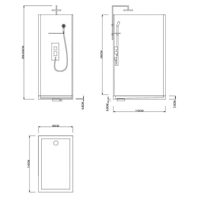 Aurlane Cabina de ducha Touch Rectangle (80 x 110 x 215 cm, Negro) | BAUHAUS