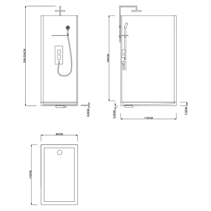 Aurlane Komplettdusche Grey Touch Rectangle - 80 x 110 x 215 cm, Grau/Schwarz/Weiß - Abbildung einer Duschkabine mit Maßen. Ideal für Badplanung und Renovierungsprojekte.