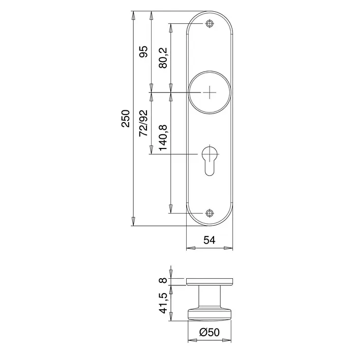 Portaferm Knopfkurzschild - Distanznorm: 72 mm, Edelstahl, Oval - Technische Zeichnung eines Türbeschlags mit den Maßen 250 mm Höhe und 54 mm Breite, sowie einem Griff mit 50 mm Durchmesser.
