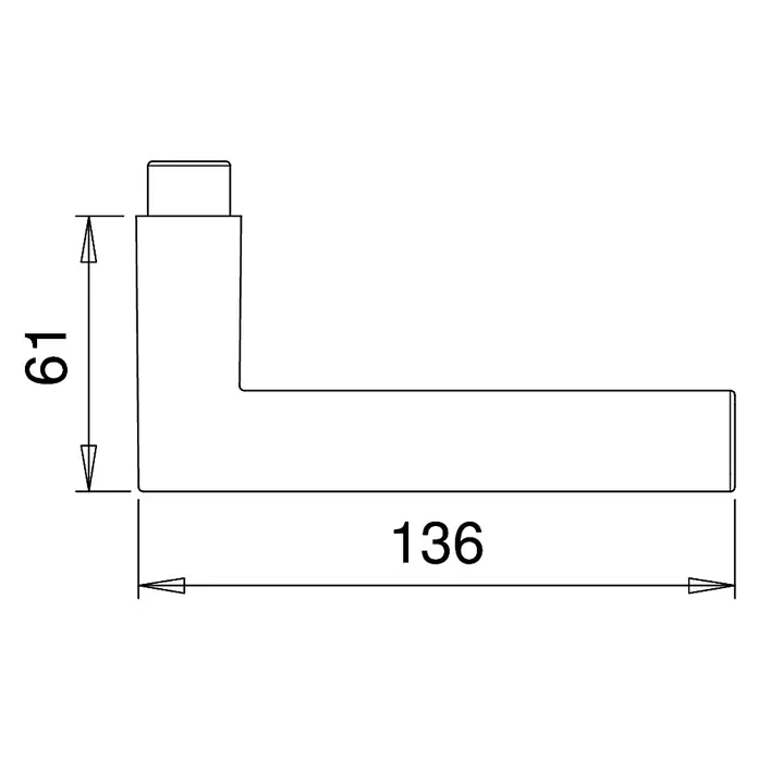 Portaferm Drückerlochteil - Vierkantstift: 8 mm, Silber, L-Form - Technische Zeichnung eines L-förmigen Türgriffs mit Maßangaben 61 mm Höhe und 136 mm Länge, dargestellt in Schwarzweiß.