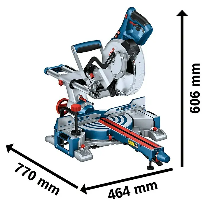 Bosch Professional Kapp- & Gehrungssäge GCM 305-216 D - 1.200 W, Durchmesser Sägeblatt: 216 mm, Leerlaufdrehzahl: 5.200 U/min - Abbildung einer Bosch Kapp- und Gehrungssäge mit Maßangaben zu Höhe, Breite und Tiefe für den professionellen Einsatz.