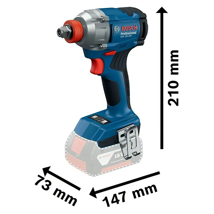 Bosch Professional AMPShare 18V Akku-Drehschlagschrauber GDX 18V-285 - 18 V, Ohne Akku, 285 Nm - Abbildung des Bosch GDX 18V-285 Professional Akku-Schlagschraubers mit Größenangaben, ideal für professionelle Anwender, die Wert auf Leistung legen.