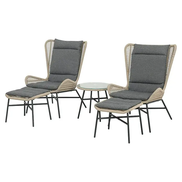Conjunto de muebles Frida - 5 pzs., Acero/Textiline, Antracita/Marrón - Dos sillones lounge con reposapiés y mesa, perfectos para relajarse al aire libre, ofrecen confort y estilo.
