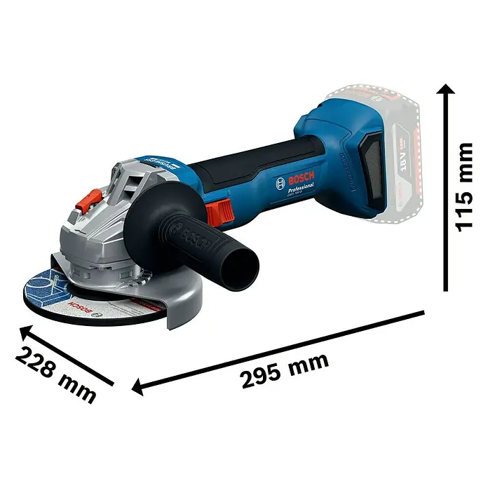 Bosch Professional AMPShare 18V Akku-Winkelschleifer GWS 18V-8 Pro Solo - Ohne Akku, Durchmesser Scheibe: 125 mm - Abbildung eines Akku-Winkelschleifers von Bosch Professional mit Größenangaben.