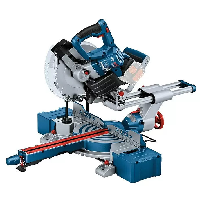 Bosch Professional AMPShare 18V Akku-Kapp- & Gehrungssäge GCM 18V-216 D - 18 V, Ohne Akku, 5.000 U/min - Blau-silberne Bosch Akku-Kappsäge mit Kreissägeblatt, Gleitschienen und verstellbarer Messbasis.