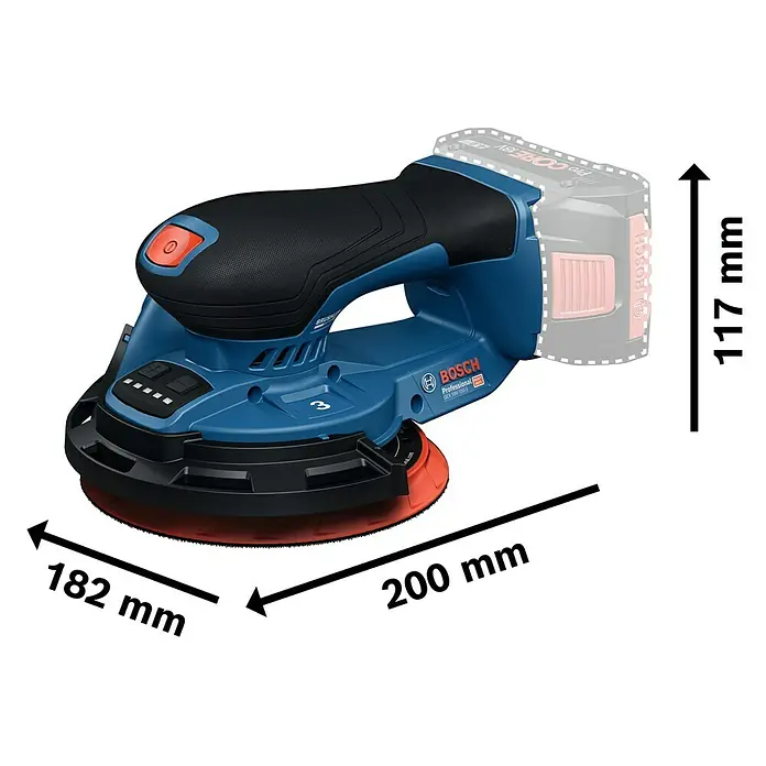 Bosch Professional AMPShare 18V Akku-Exzenterschleifer GEX 18V-150-3 - 18 V, Ohne Akku, Durchmesser Schleifteller: 150 mm - Abbildung eines Bosch GEX 18V-150 Akku-Exzenterschleifers mit Größenangaben. Ein leistungsstarkes und vielseitiges Werkzeug.