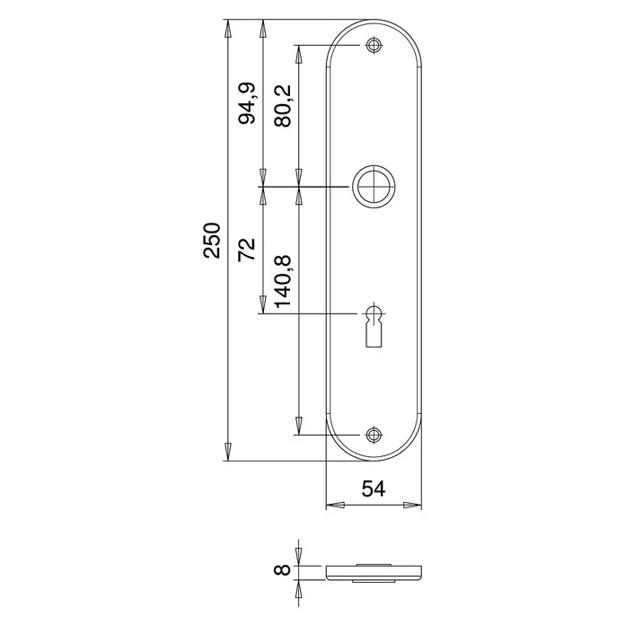Portaferm Langschild Oval - Distanznorm: 72 mm, Buntbart, Silber - Technische Zeichnung einer Türbeschlag-Garnitur mit Maßangaben für Montage und Design. Präzise Details für die Installation.