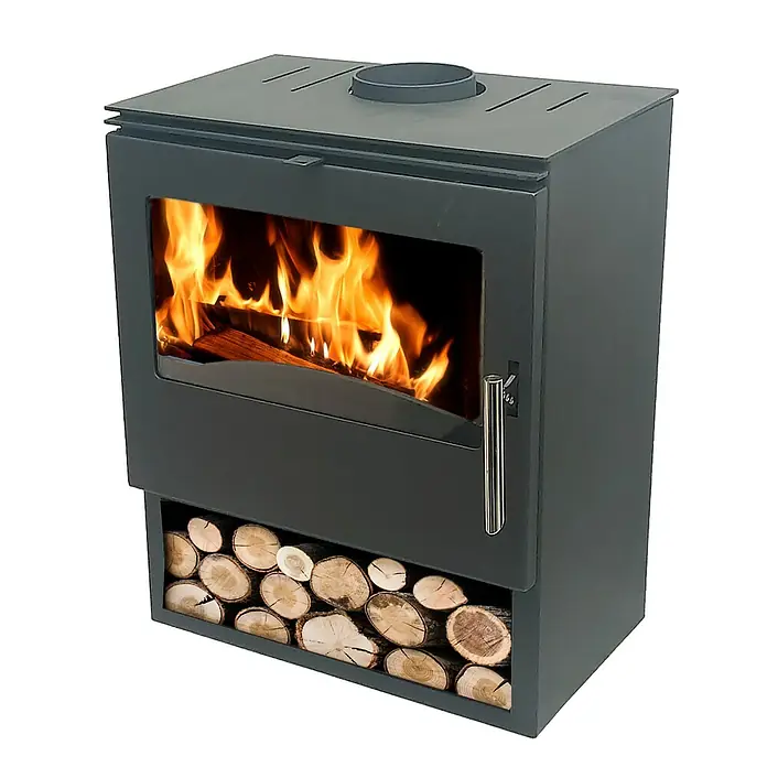 Estufa de leña Yolo - 6,5 kW - 8,27 kW, Volumen de calefacción: 146 m³, Negro - Estufa de leña con fuego y espacio para guardar la leña, para proporcionar calor y ambiente acogedor.