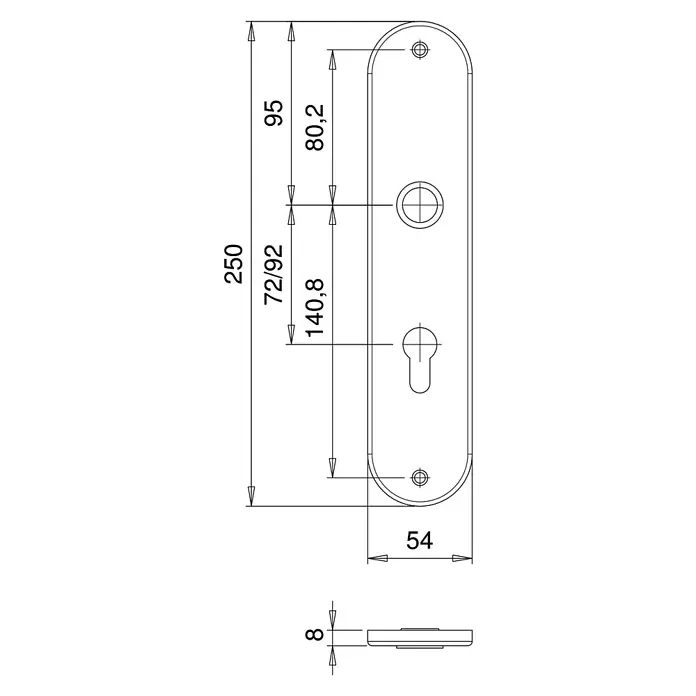 Portaferm Langschild - Distanznorm: 92 mm, Profilzylinder, Silber, Oval - Technische Zeichnung einer Türklinken-Garnitur mit Maßangaben. Die Rosetten-Abmessungen betragen 250 x 54 x 8 mm.