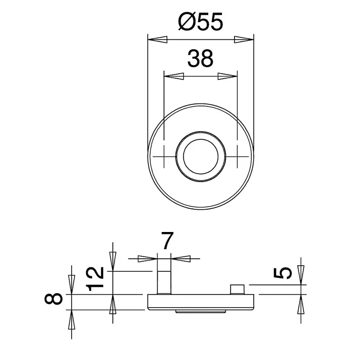 Portaferm Drückerrosette - Durchmesser Rosette: 55 mm - Technische Zeichnung einer runden Halterung mit den Maßen: Durchmesser 55 mm, Durchmesser 38 mm, Höhe 12 mm, Höhe 8 mm, Länge 7 mm und Länge 5 mm.