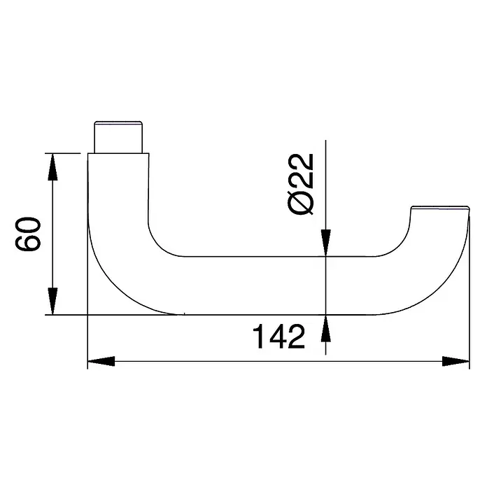 Portaferm Drückerlochteil Est - Vierkantstift: 8 mm, Silber, U-Form - Technische Zeichnung eines Kleiderhakens mit den Maßen 60 mm Höhe, 142 mm Länge und einem Durchmesser von 22 mm.