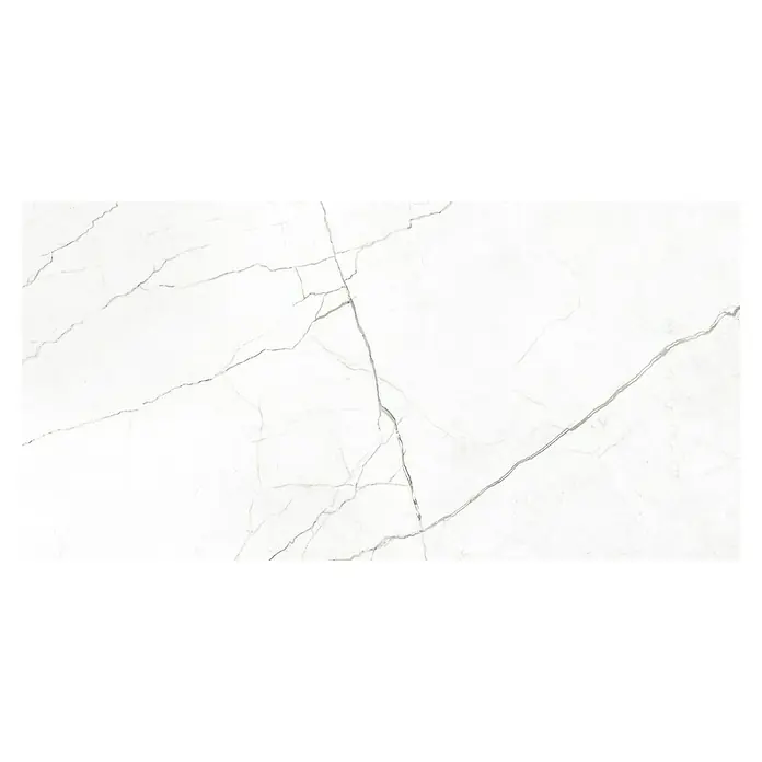 Pavimento porcelánico Lincon - 60 x 120 cm, Blanco, Mate, Rectificado - Primer plano de una baldosa de mármol blanco con sutiles vetas grises, ideal para interiores elegantes.