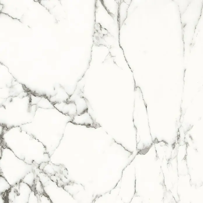 BHS Showroom Pavimento porcelánico Carrara - 90 x 90 cm, Blanco, Mate, Rectificado - Elegante losa de mármol con sutiles vetas grises, perfecta para interiores elegantes. Su superficie pulida añade un toque lujoso y una estética atemporal.