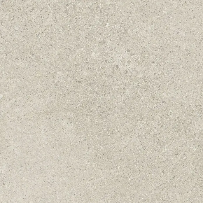 Pavimento porcelánico Yafra - 60 x 60 cm, Arena, Mate, Rectificado - Baldosa de terrazo beige con textura fina y pequeñas inclusiones irregulares para un aspecto moderno y elegante. Perfecta para interiores.