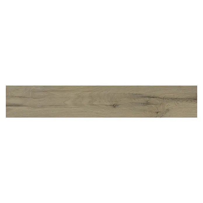 Pavimento porcelánico Kenia - 20 x 120 cm, Natural, Mate, Rectificado - Primer plano de una tabla de madera con vetas y nudos, ideal para suelos o revestimientos de paredes. La textura natural aporta calidez.