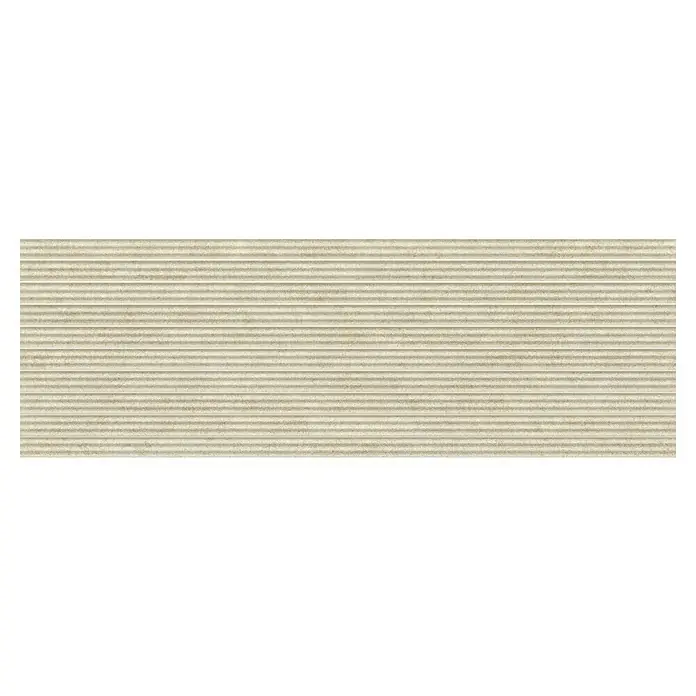 Revestimiento de pared Ostuni Suite - 30 x 90 cm, Beige, Mate, Rectificado - Primer plano de paneles de pared beige acanalados que muestran una superficie moderna y texturizada. Perfecto para añadir un toque de estilo a los interiores.