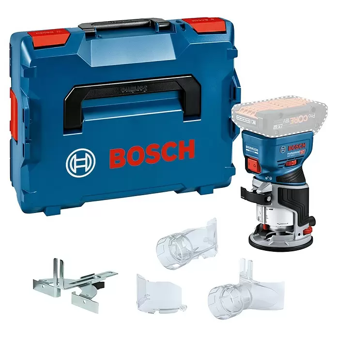 Bosch Professional AMPShare 18V Akku-Kantenfräser GKF 18V-8 - 18 V, Anzahl Akkus: Ohne Akku, Leerlaufdrehzahl: 10.000 U/min - 30.000 U/min - Eine blaue Bosch GKF 18V-8 Akku-Oberfräse mit ProCORE 18V Akku, L-Boxx Koffer, transparenten Staubabsaugaufsätzen und Metallanschlag.