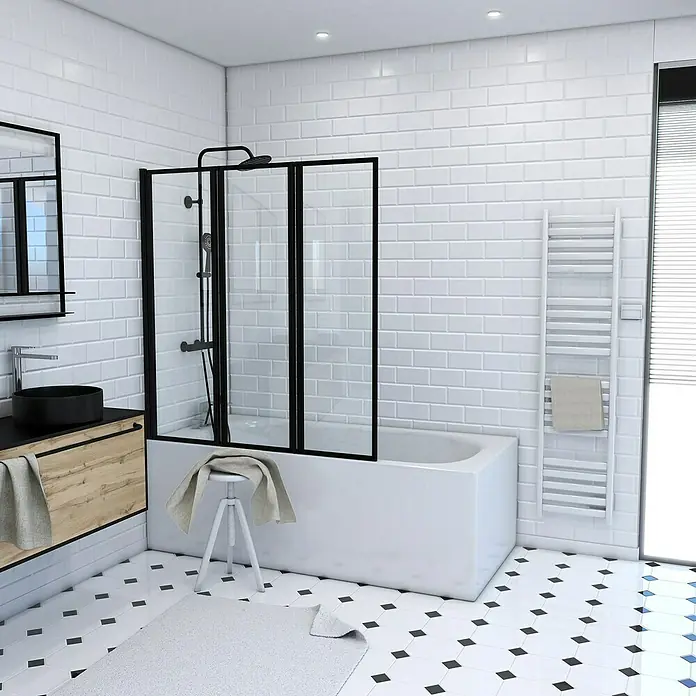 Aurlane Badewannenaufsatz Triple - B x H: 125 x 143 cm, 3 Stk., Schwarz - Ein Badezimmer mit einer weißen Badewanne mit schwarzem Duschabtrennung, einem Waschbecken und einem weißen Handtuchwärmer.