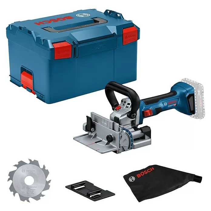 Bosch Professional AMPShare 18V Akku-Flachdübelfräse GFF 18V-22 - 18 V, Ohne Akku, Leerlaufdrehzahl: 11.000 U/min - Bosch Lamellenfräser-Set: blauer Fräser mit Akku, L-Boxx, Sägeblatt, Staubbeutel und Zubehör.
