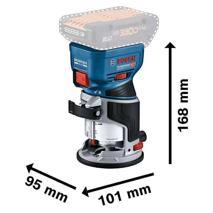 Bosch Professional AMPShare 18V Akku-Kantenfräser GKF 18V-8 - 18 V, Anzahl Akkus: Ohne Akku, Leerlaufdrehzahl: 10.000 U/min - 30.000 U/min - Blauer und schwarzer Bosch Professional Akku-Oberfräse mit bürstenlosem Motor. Maße: H 168mm, B 95mm, L 101mm.