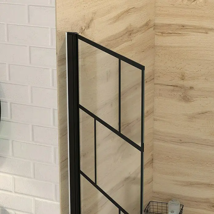 Aurlane Badewannenaufsatz Bricks - B x H: 75 x 125 cm, 1 Stk., Schwarz - Nahaufnahme einer Duschwand mit stilvollem, schwarzem Rahmen und klarem Glas, die modernen Akzent im Badezimmer setzt.