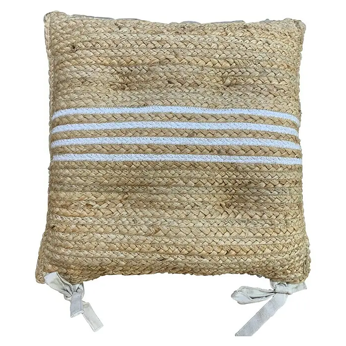 Cojín para silla Yute Rayas - 45 x 45 x 5 cm, Natural/Blanco - Cojín decorativo hecho de tela de yute trenzada con tres rayas blancas y lazos en las esquinas inferiores para un ambiente acogedor.