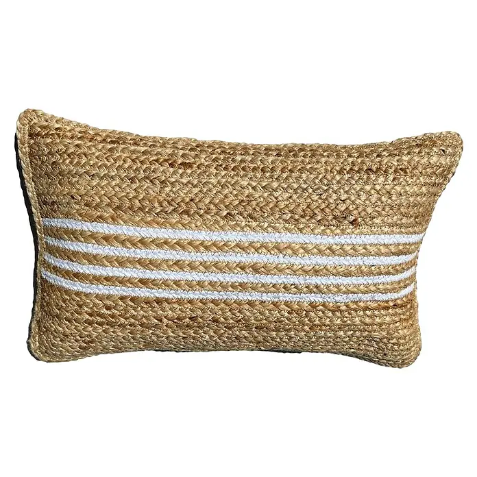 Cojín Yute Rayas - 30 x 50 cm, Natural/Blanco - Cojín decorativo de yute con rayas blancas. El cojín decorativo es rectangular y tiene un tejido de yute grueso con tres rayas blancas.