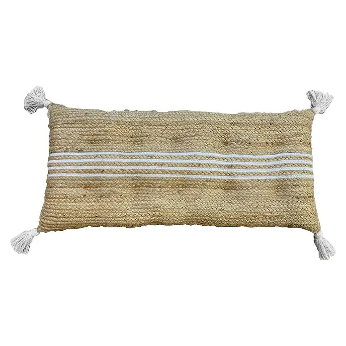 Cojín para banco Yute Rayas - Natural/Blanco, L x An x Al: 90 x 40 x 5 cm - Cojín oblongo decorativo de yute con rayas blancas y borlas blancas en las esquinas, que agrega un toque de elegancia natural a cualquier habitación.