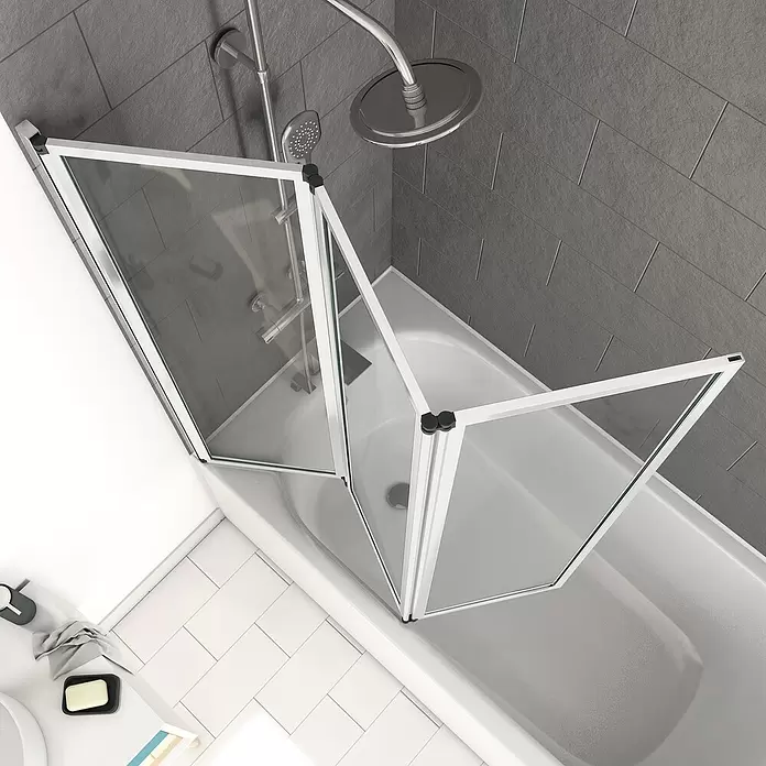 Aurlane Badewannenaufsatz Triple - B x H: 125 x 143 cm, 3 Stk., Weiß - Weißer faltbarer Badewannenaufsatz aus Glas, teilweise geöffnet, auf einer Badewanne.
