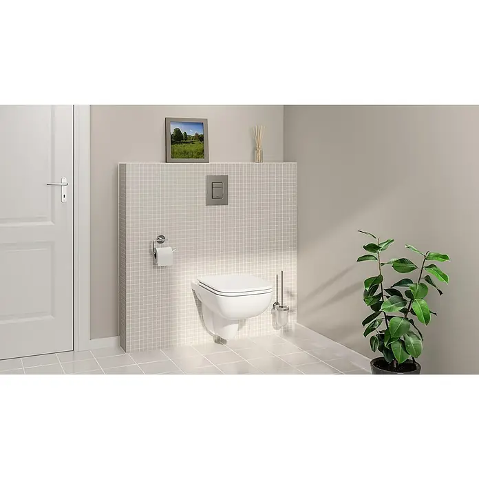 Grohe WC-Vorwandelement - 2-Mengen-Spülung, L x B x H: 12 x 50 x 113,5 cm - Ein modernes Badezimmer mit einer wandhängenden Toilette, einer grauen Mosaikwand und einer grünen Zimmerpflanze für ein frisches Ambiente.